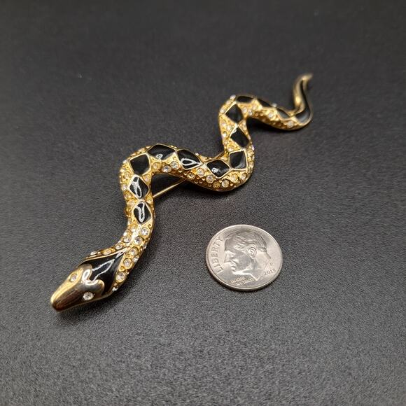 Vintage Snake Brooch, Black Enamel, Clear Rhinestones, 80s Jewelry - Picture 9 of 11